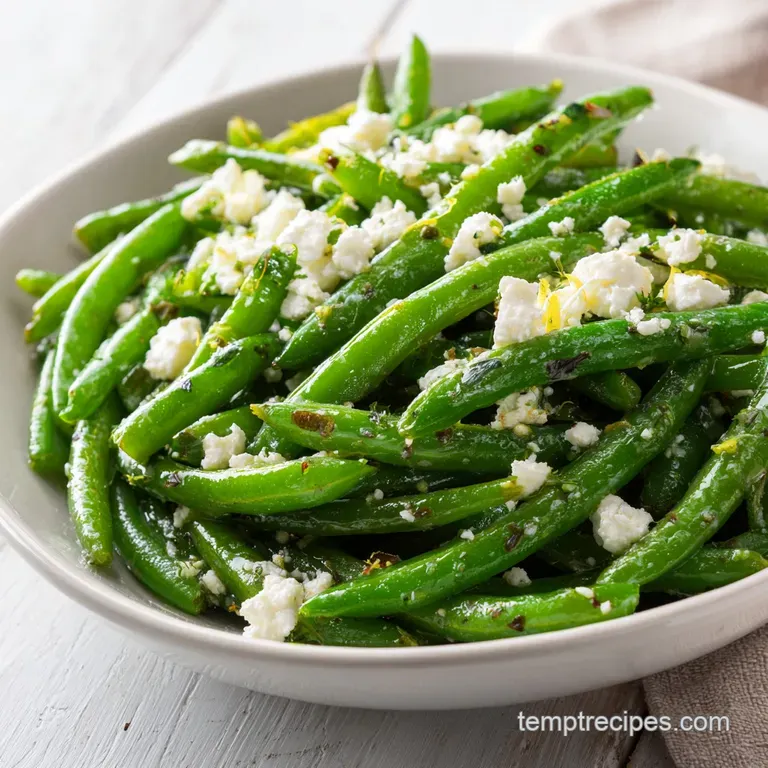A mound of crisp green beans and white feta cheese crowned with fresh mint sprigs on a white plate.