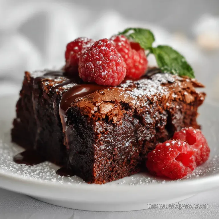 A single brownie sits on a white plate. The square has a crackled, shiny surface, hinting at gooey chocolate within. Powde...
