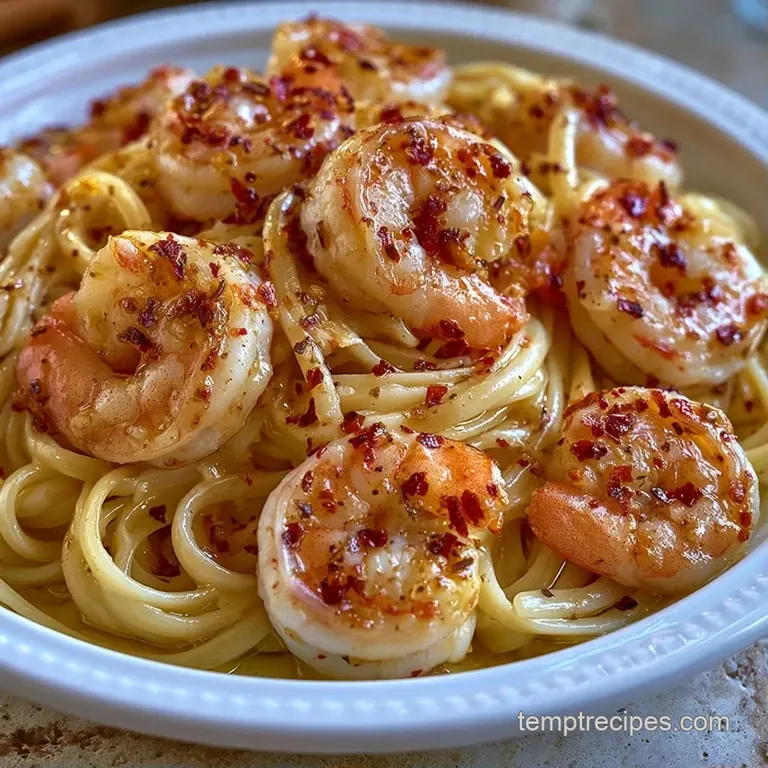 Elegant white bowl filled with glossy pasta curls, seared pink shrimp, and a wedge of bright yellow lemon on the side.