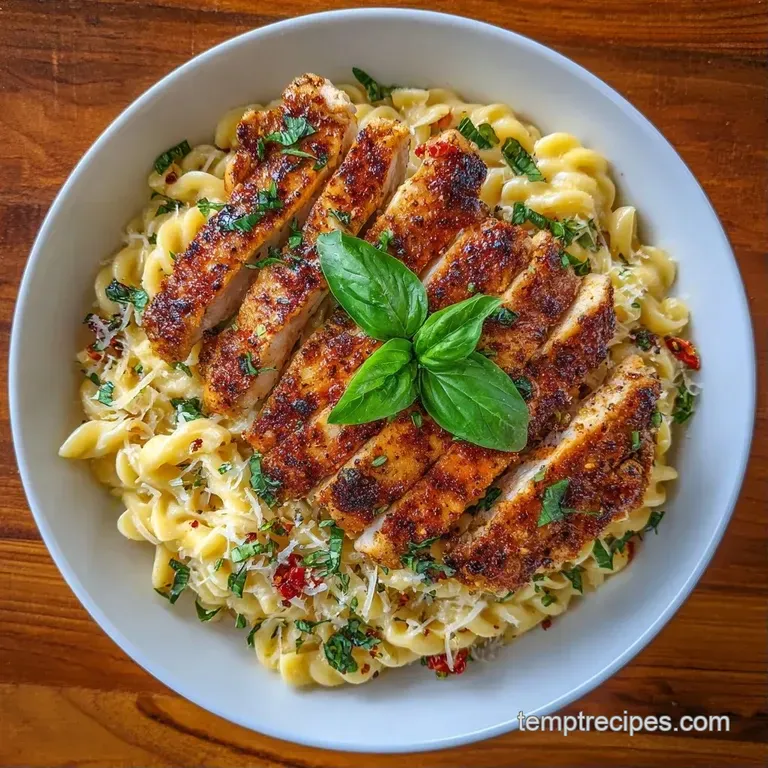 Twirled pasta coated in a glossy white sauce with sliced chicken breast and a pinch of herbs on a ceramic plate.