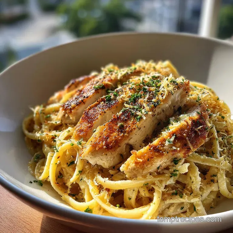 Perfectly twirled pasta with tender chicken and rich, creamy sauce, artfully plated and garnished with fresh herbs and cra...