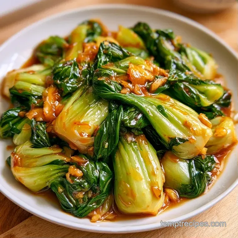 Neatly arranged bok choy stalks on a minimalist white plate, garnished with toasted sesame seeds and ginger.