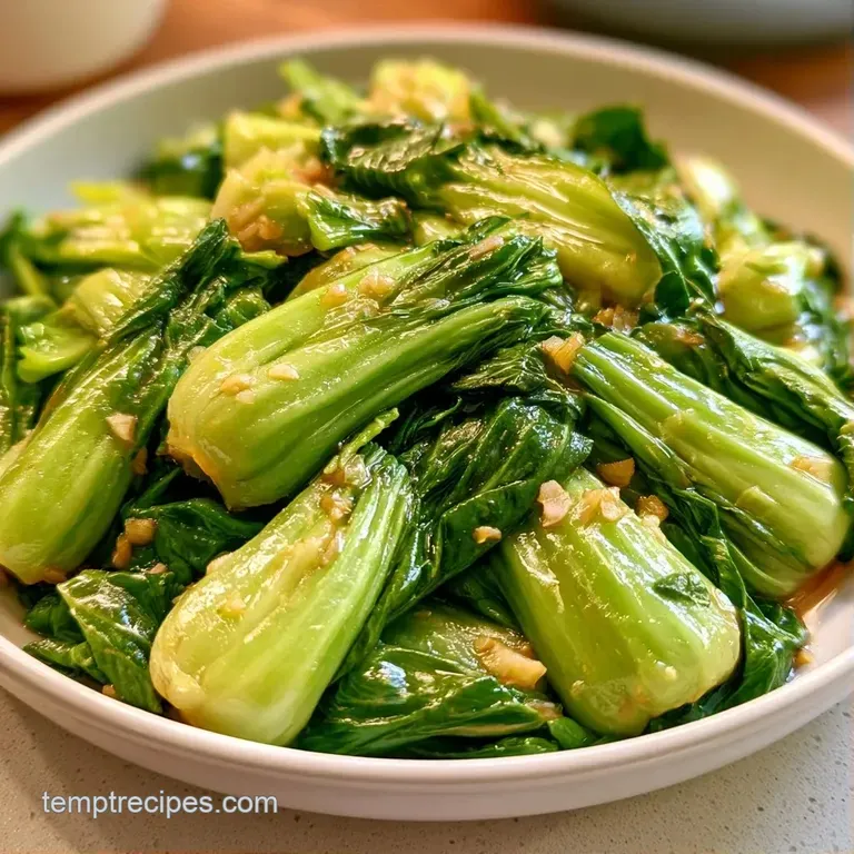 Bright green baby bok choy stalks arranged neatly with minced garlic and a shimmering, savory ginger-soy glaze.