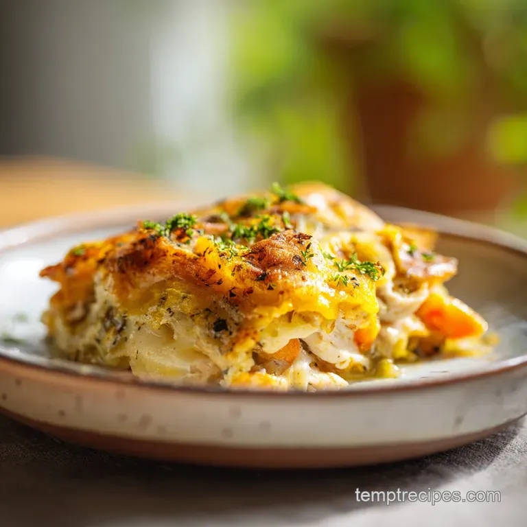 Scoop of creamy casserole with visible rice & meat, garnished with fresh herbs, steam rising, inviting textures displayed.