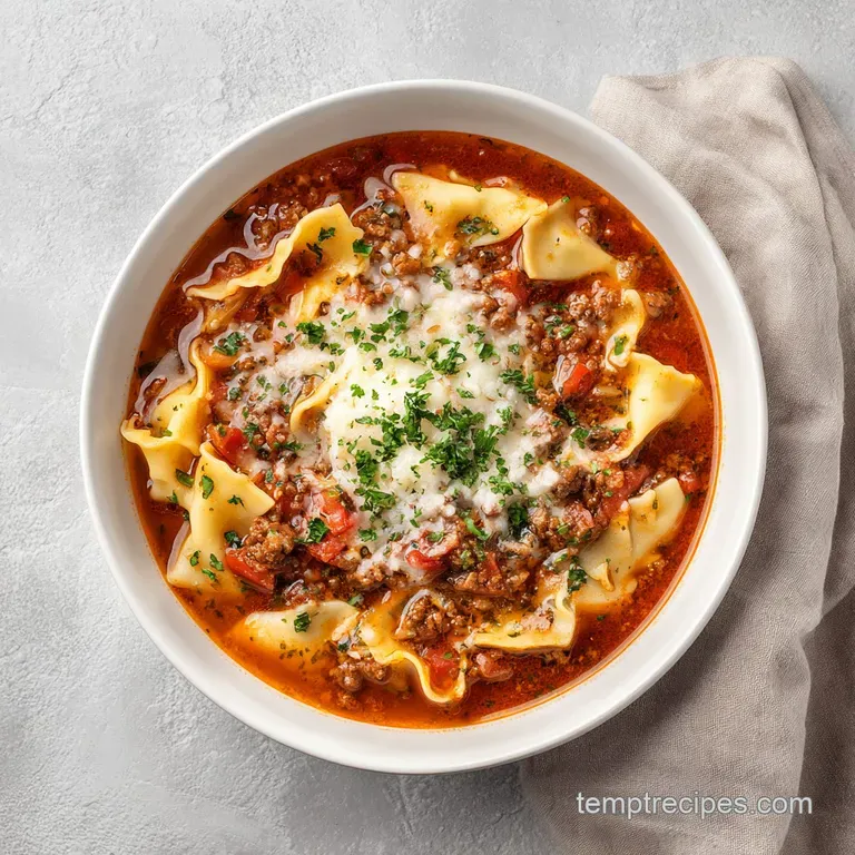 A steaming bowl of lasagna soup, topped with dollops of ricotta and fresh parsley, elegantly served.