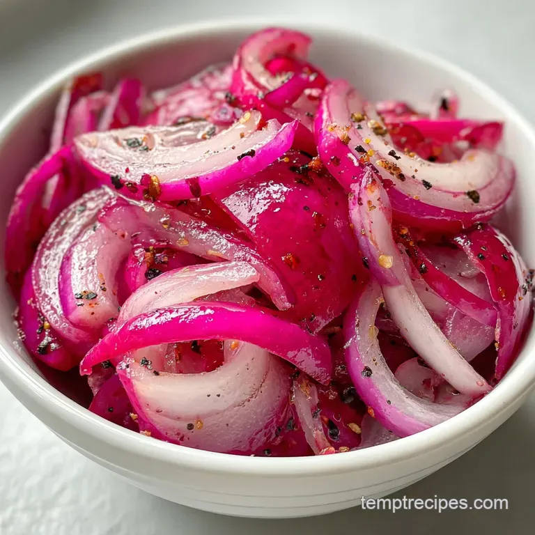 Pile of glistening, thinly sliced pickled red onions with a sticky, hot honey coating, cascading artfully from a small, cl...