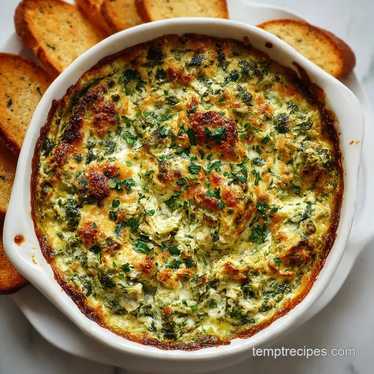 Creamy spinach artichoke dip served in a rustic bowl, garnished with fresh parsley and accompanied by crispy pita chips.