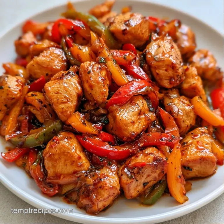 Colorful bell peppers and juicy chicken pieces plated in a rustic bowl with a side of fluffy white basmati rice.