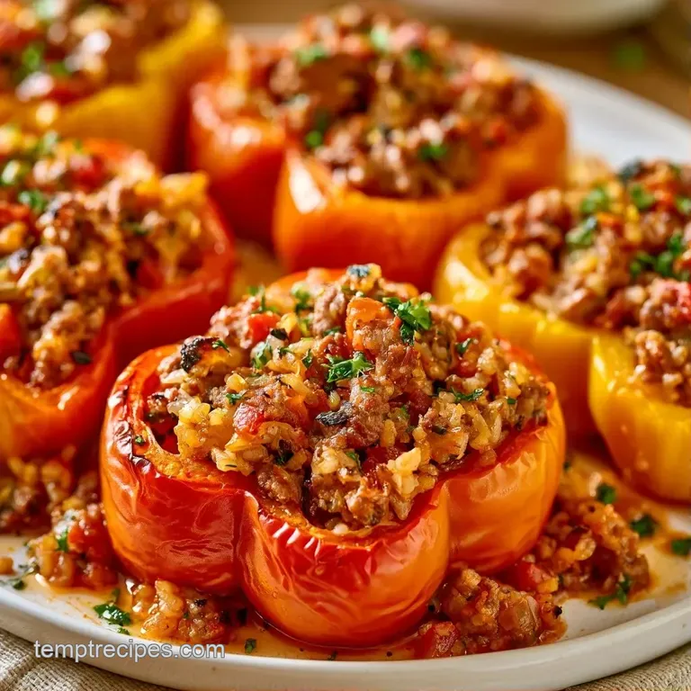 Three vibrant red peppers filled with savory meat and rice, drizzled with cream and served on a slate platter.