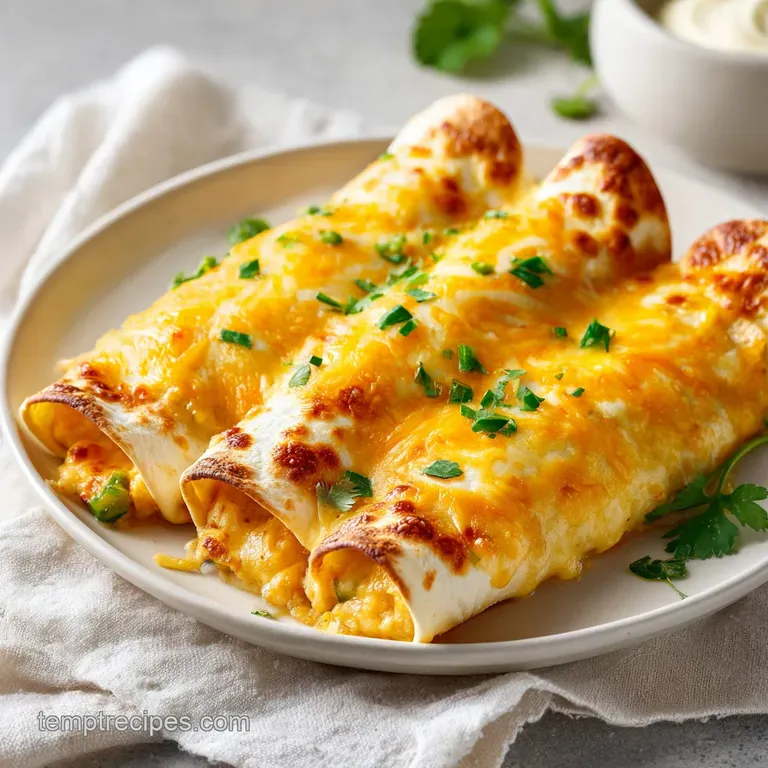 Rolled tortillas topped with bubbling melted cheese and sliced jalape&ntilde;os on a minimalist ceramic platter.