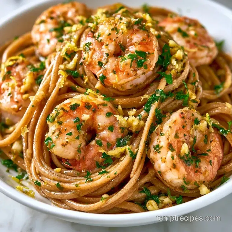 Elegant swirl of pasta topped with seared pink shrimp and bright lemon slices on a clean white dinner plate.