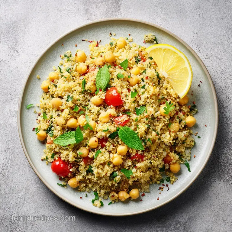 A vibrant mound of lemon herb quinoa and chickpeas artfully arranged on a white plate with a sprig of fresh parsley.