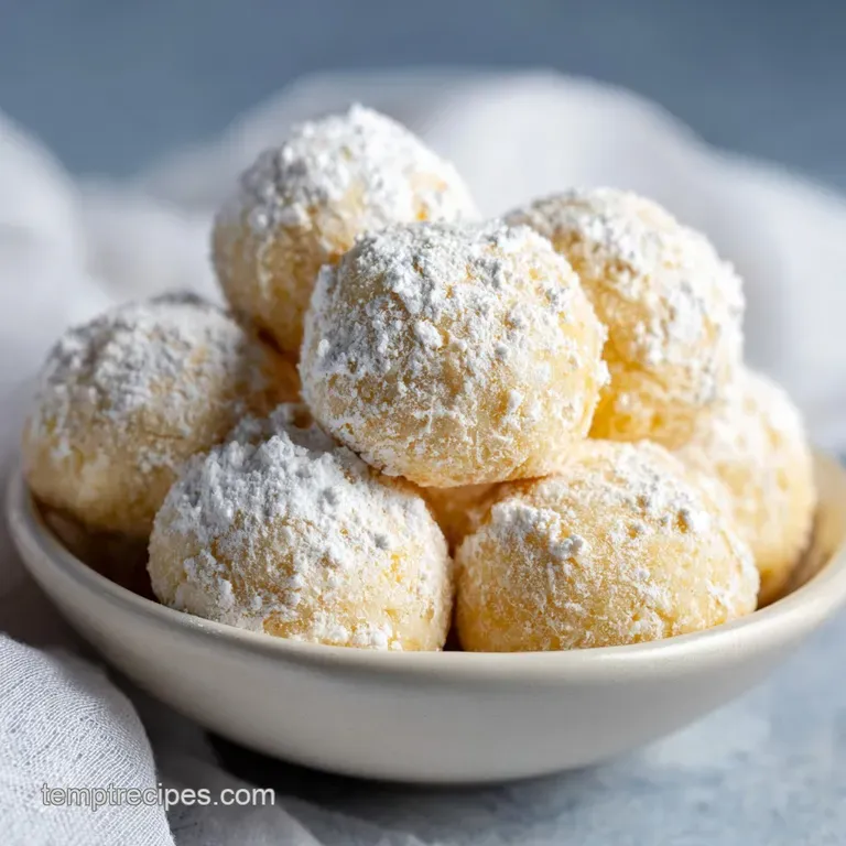 A small plate of lemon snowball cookies artfully arranged with a sprig of rosemary and a dusting of powdered sugar.