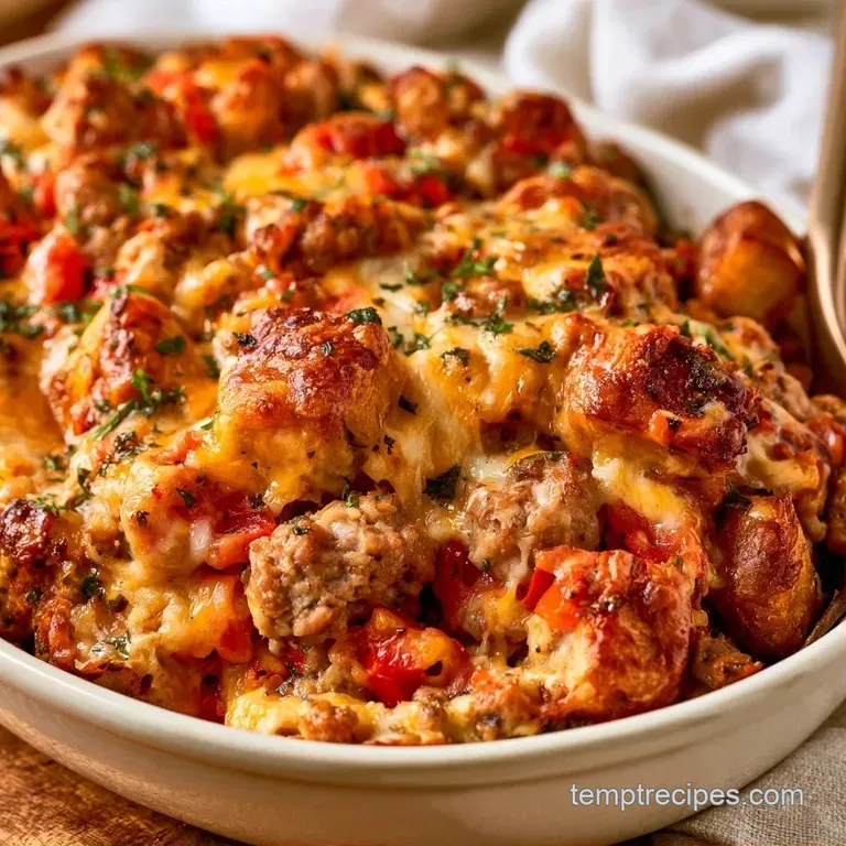 Elegant slice of baked egg casserole on a white plate, showing cubed bread, sausage crumbles and bright red pepper flecks