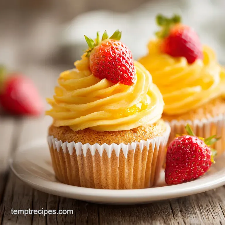 A single cupcake on a white plate, showcasing the vibrant colors and textures of the strawberry-mango swirl frosting and m...