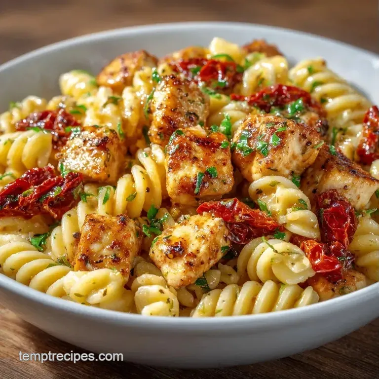 Elegantly plated creamy pasta with golden chicken and ruby red tomatoes, garnished with fresh herbs in a white bowl.