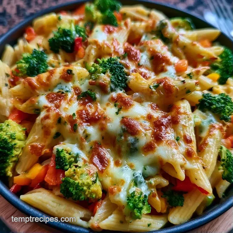A generous scoop of cheesy pasta with vibrant vegetables served on a white plate with a sprig of fresh parsley.