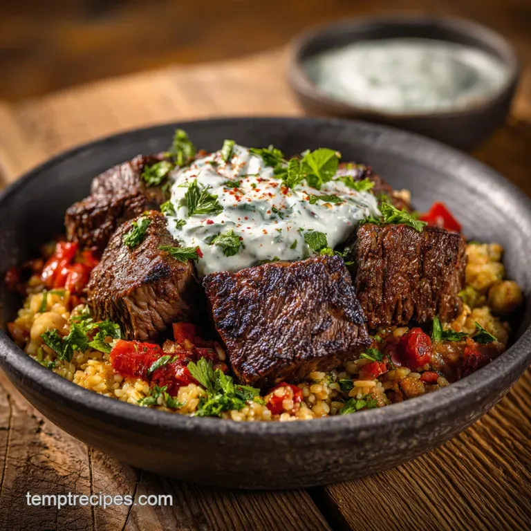 Plated Mediterranean beef bowl featuring perfectly seared beef strips, vibrant vegetables, and a swirl of cooling herbed y...