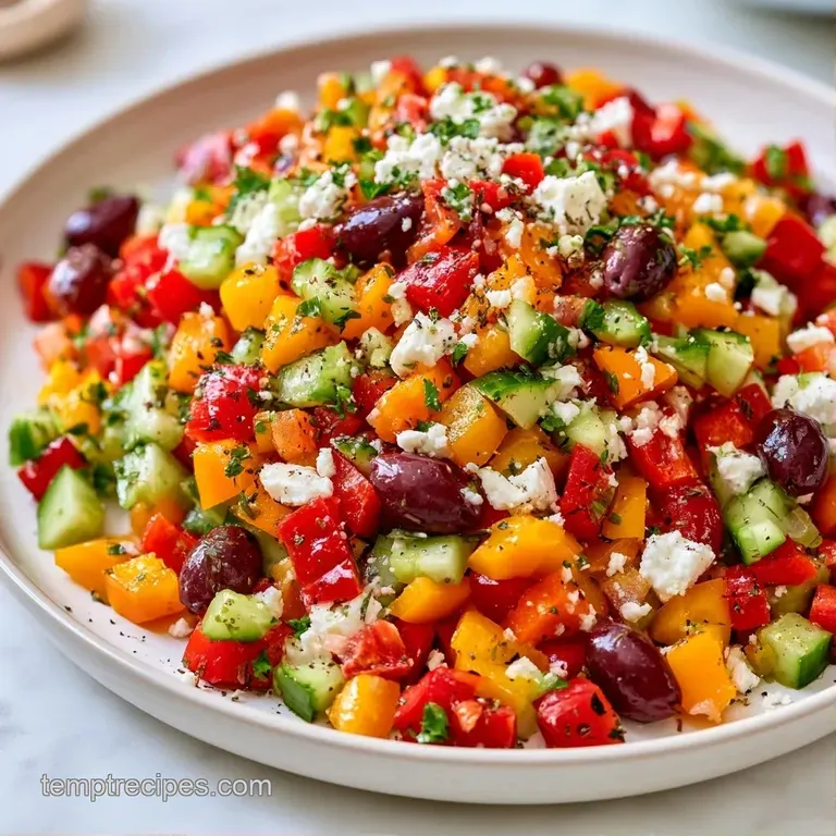 A bright array of red and yellow pepper cubes mixed with salty feta in a wide bowl, drizzled with golden olive oil.