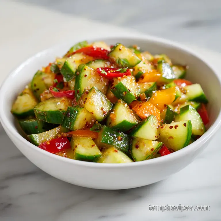 Crisp cucumber salad artfully arranged in a white bowl, garnished with fresh chili slices.