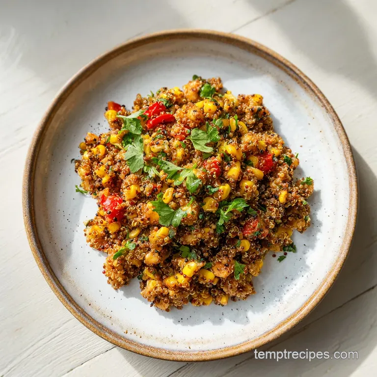 A colorful scoop of quinoa salad artfully arranged with a lime wedge and a sprinkle of cotija cheese.