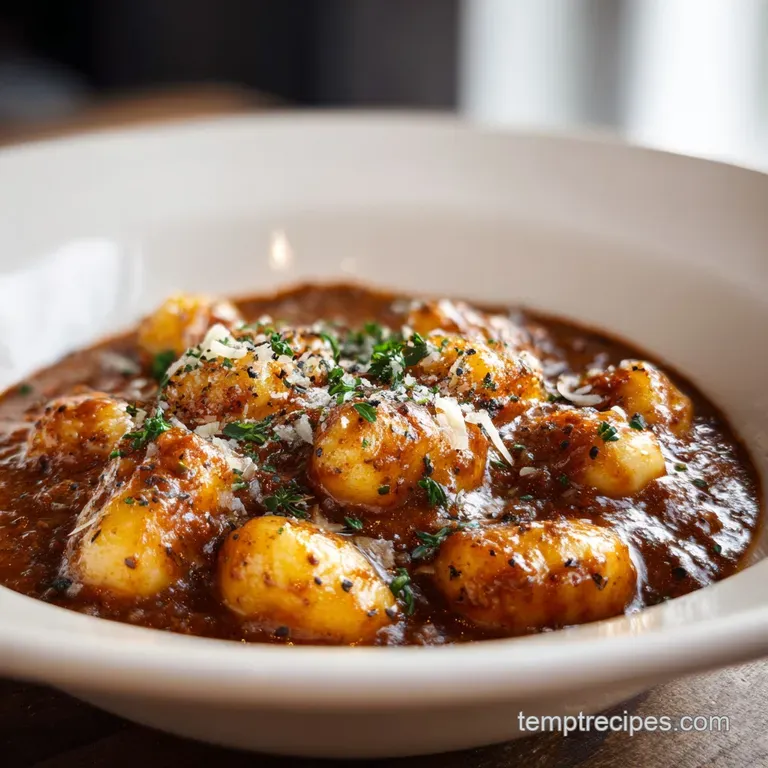 Elegantly swirled gnocchi in a glossy sauce, garnished with delicate fresh parsley.