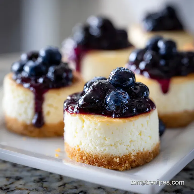 A mini lemon blueberry cheesecake sits elegantly on a white plate, vibrant blueberries against the creamy, pale yellow fil...