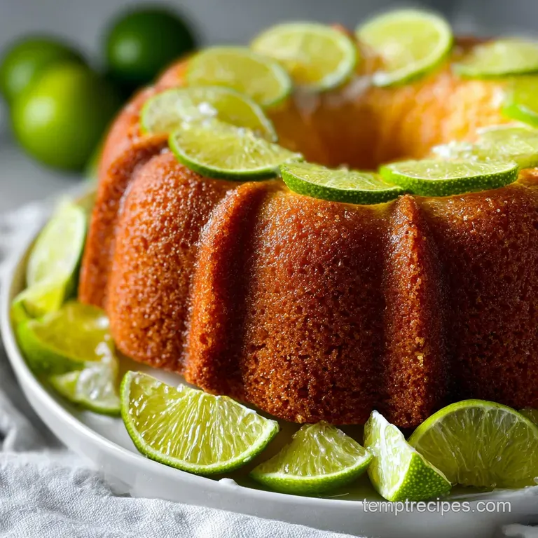 Slice of key lime cake on a white plate, showcasing moist crumb; lime wedge and mint sprig garnish create a bright, tangy ...