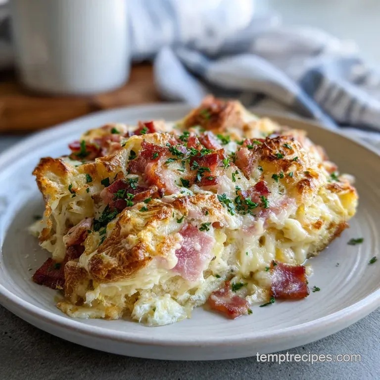 A slice of baked casserole with a crispy golden crust, revealing melted Swiss and savory ham, served warm.