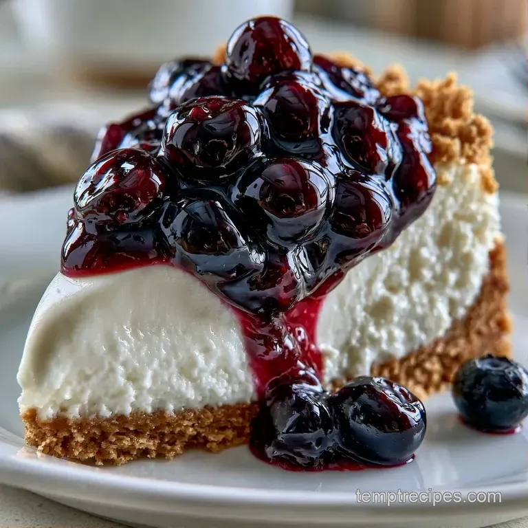 A neat slice of creamy layered dessert on a white plate, topped with a glossy blueberry glaze and a fresh mint leaf.