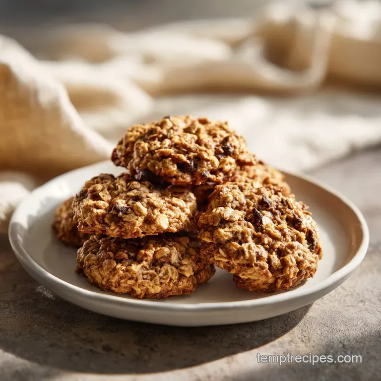 Stack of golden-brown oatmeal cookies on a white plate, dusted with powdered sugar. Casual, inviting, and healthy snack.