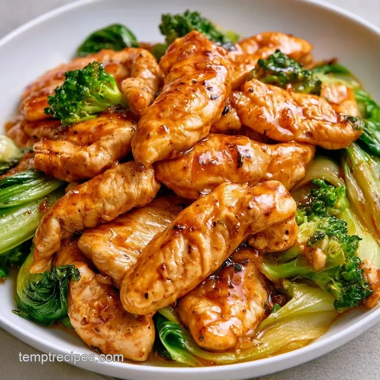 Elegant arrangement of glazed chicken and crisp green bok choy on a slate platter with a sprinkle of green onion.
