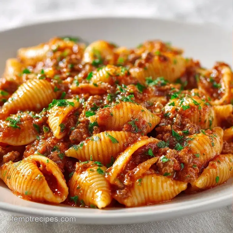 A shallow white ceramic bowl of saucy pasta shells and melted cheese, garnished with a sprig of fresh green parsley.