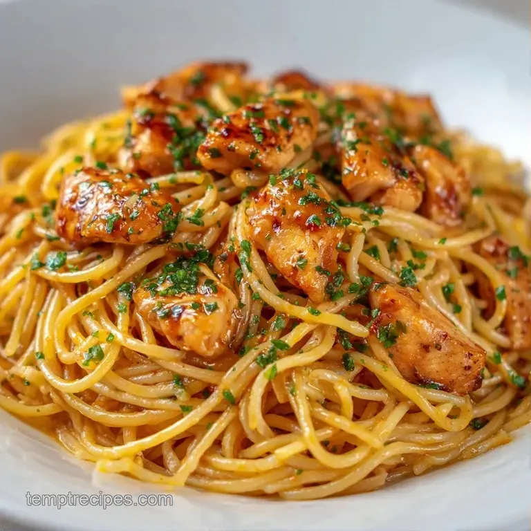 Twirled creamy noodles and tender chicken pieces topped with bright green parsley on a minimalist white plate.