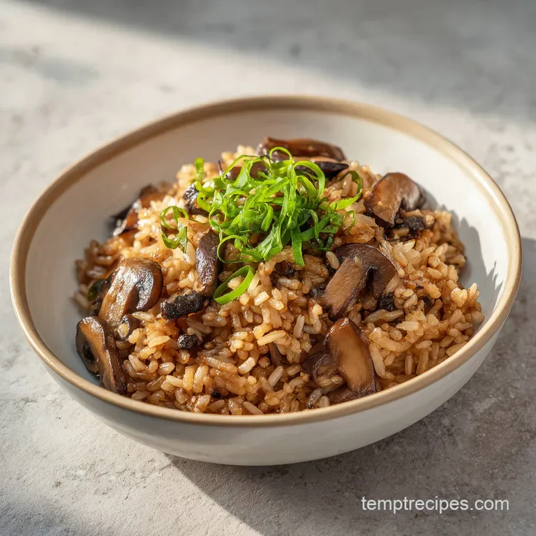 A rustic ceramic bowl overflowing with caramelized mushrooms and glossy soy sauce rice, a sprinkle of sesame seeds.