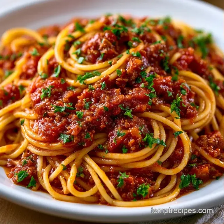 Twirled pasta drenched in a rich, glossy red sauce on a white ceramic plate with thin shavings of white parmesan.