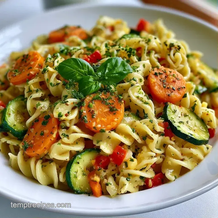 Creamy pasta with bright carrots and peas served in a white bowl with a dusting of grated parmesan cheese and basil.