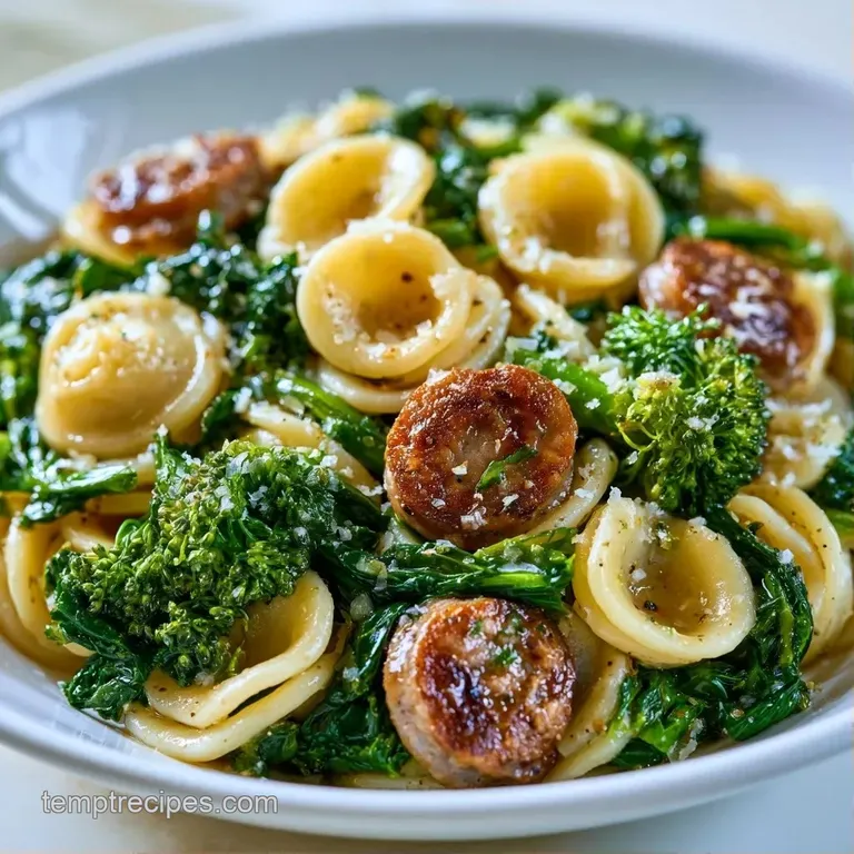 Ear-shaped pasta and wilted dark green rabe plated in a ceramic bowl with a light dusting of red pepper flakes