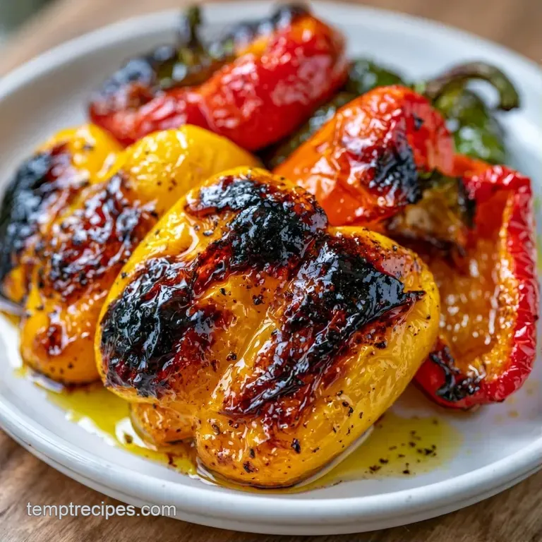 Colorful strips of softened roasted peppers on a white ceramic plate, finished with a drizzle of golden oil.