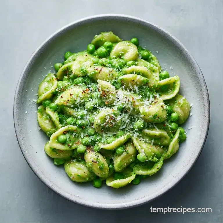 Elegant swirl of creamy green pasta in a white bowl, topped with fresh pea shoots and a drizzle of golden olive oil.