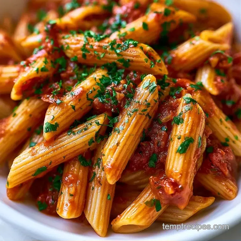 Al dente pasta tubes tossed in a glossy red sauce, topped with shaved parmesan and fresh herbs on a dark plate.