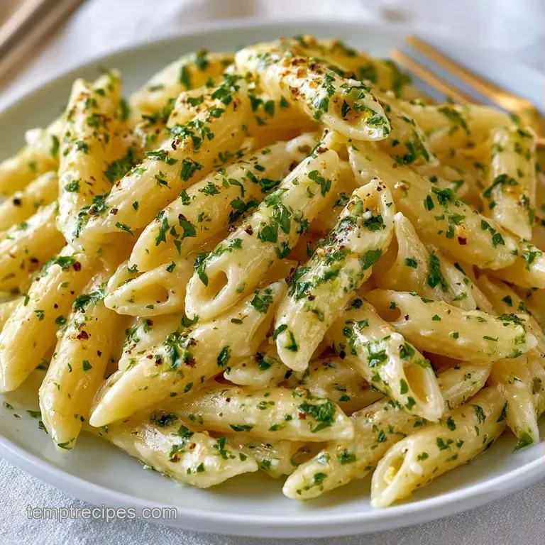 A shallow white bowl of pasta topped with a sprinkle of parmesan and fresh green herbs on a linen napkin.