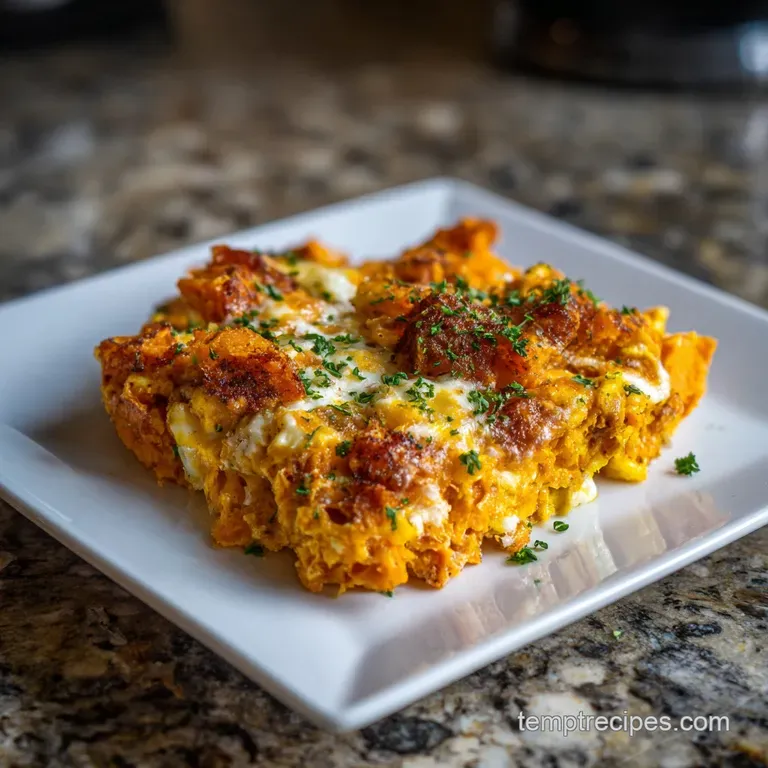 Slice of sweet potato egg casserole on a plate, steam rising, with vibrant orange sweet potatoes and flecks of green herbs.