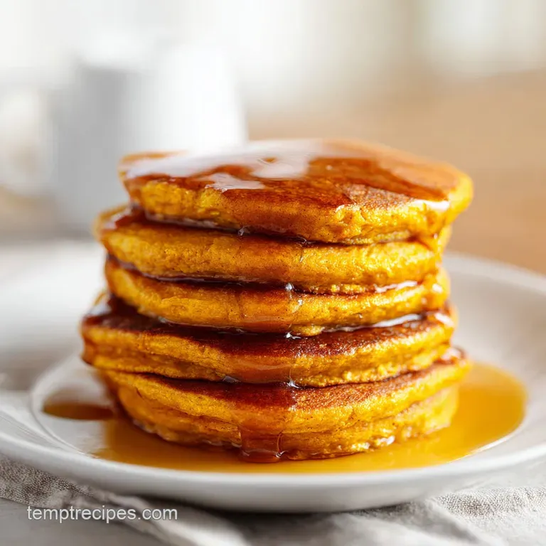 Golden-orange fluffy pancakes on a white ceramic plate, garnished with fresh blueberries and amber maple syrup.