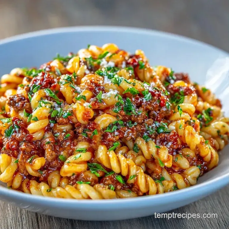 Elegant white bowl of pasta tossed in vibrant red sauce, topped with shaved parmesan and fresh basil leaves.