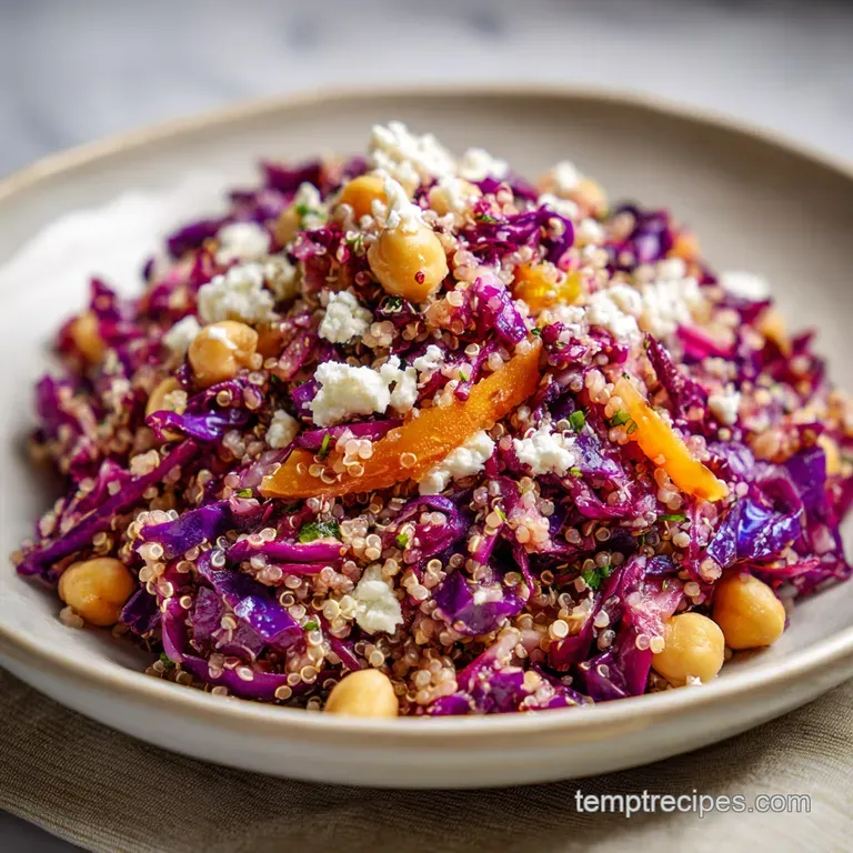 Plated quinoa salad with a pop of purple cabbage, showcasing the grain's fluffy texture and fresh herb accents.