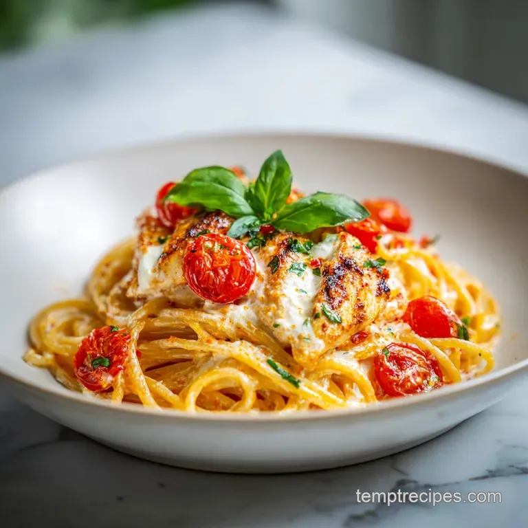 Plated creamy pasta twirled high with golden chicken pieces. Fresh herbs and grated cheese sprinkled on top. White ceramic...