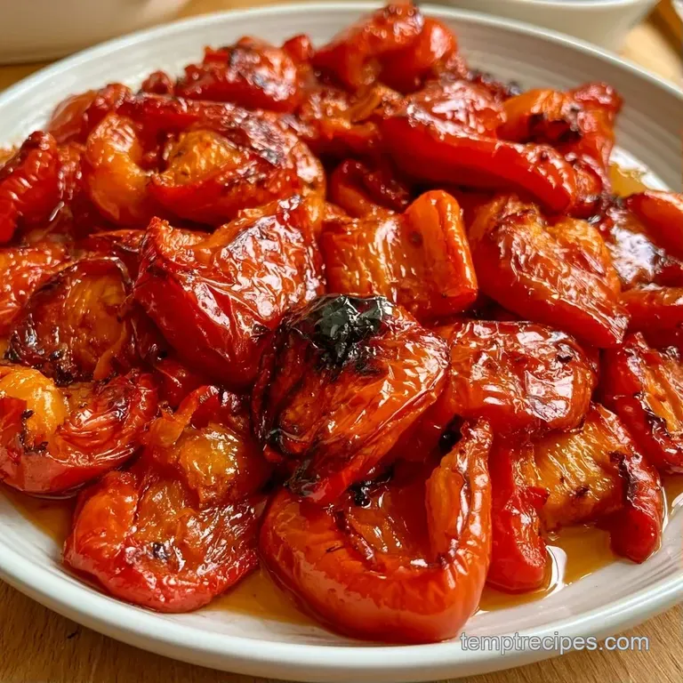 Glossy, charred red pepper strips arranged elegantly on a ceramic platter with a drizzle of golden olive oil.