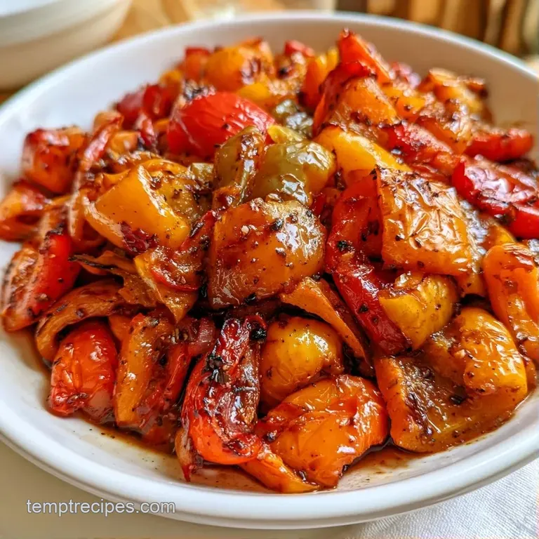 Charred red and yellow pepper strips artfully plated on a white dish with a drizzle of golden oil and fresh greens.