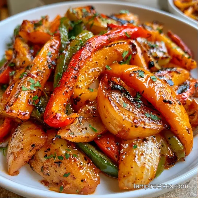 Slices of tender, caramelized red and yellow peppers atop sweet onions, finished with a sprig of fresh green parsley.